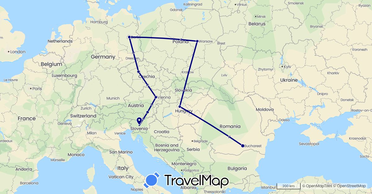 TravelMap itinerary: driving in Austria, Germany, Hungary, Poland, Romania (Europe)